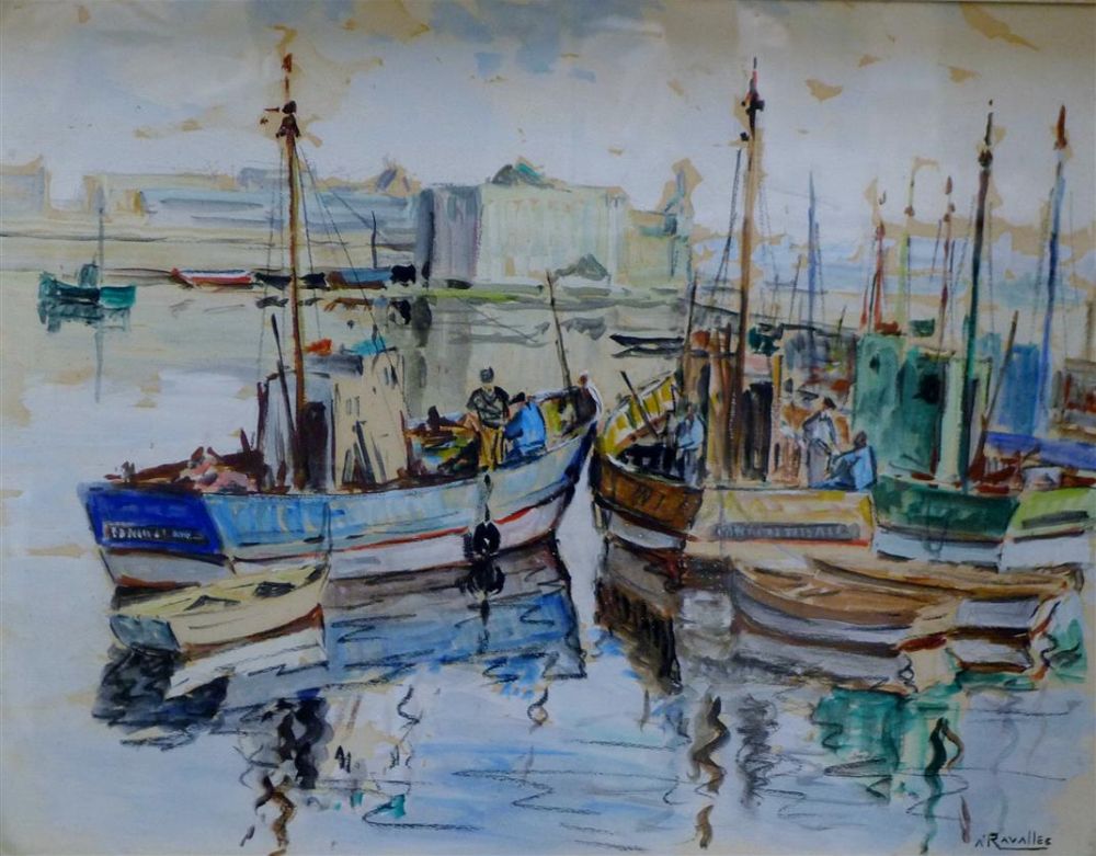 A Ravalles, watercolour and chalk, Fishing boats in harbour, 34 x 44cm